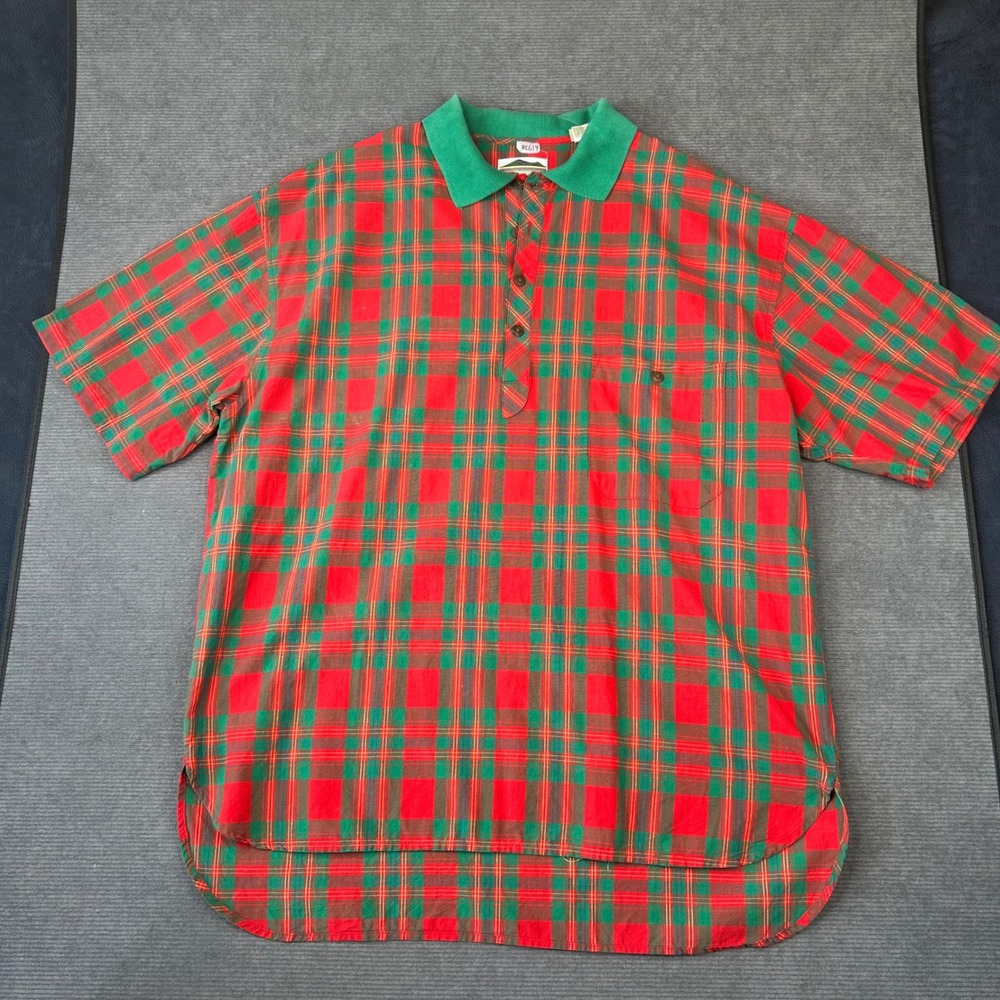 Vintage Peninsula Mens Plaid Polo y2k Shirt Red Green Cotton Short Sleeve Size M